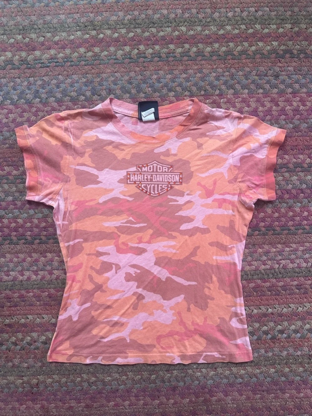 HARLEY DAVIDSON MOTORCYCLES ORANGE CAMO PRINT BABY TEE